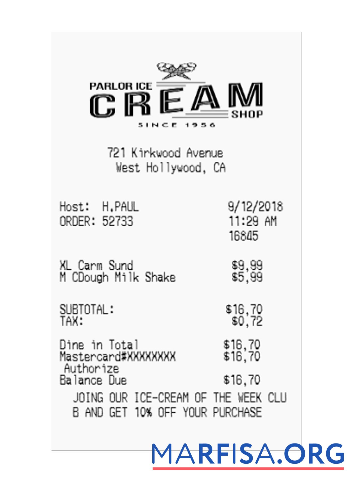 Blank ICE CREAM SHOP payment check real example